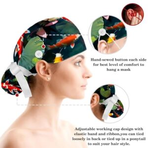 Scrub Surgical Hat,Cycling Hat with Buttons and Cotton Sweatband,Japanese Koi Fish Lotus