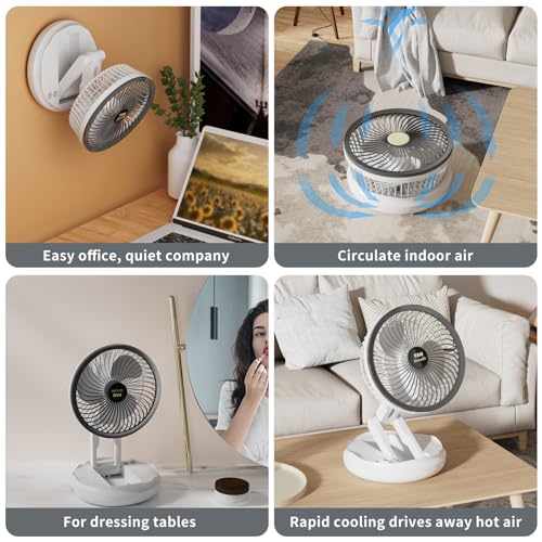 Mihoho Whole Room Air Circulator, 4 Speeds Fan with Light, Cordless Foldable Fan with Lamp for Home, Office, Desk, Outdoor, Ceiling & Wall Mount (Grey)