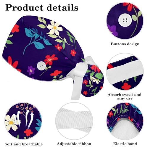 Scrub Surgical Hat,Cycling Hat with Buttons and Cotton Sweatband,Purple Background Floral