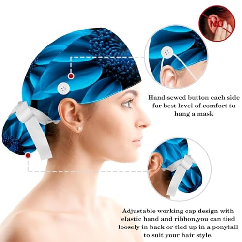 Scrub Surgical Hat,Cycling Hat with Buttons and Cotton Sweatband,Spring Blue Flower Blossom