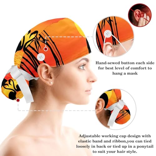 Scrub Surgical Hat,Cycling Hat with Buttons and Cotton Sweatband,Tropical Flamingo Sunset