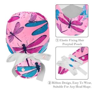 2-Pc Scrub Hats Women Bouffant Hats,Work Hat with Buttons and Cotton Sweatband,Pink Dragonfly Cartoon