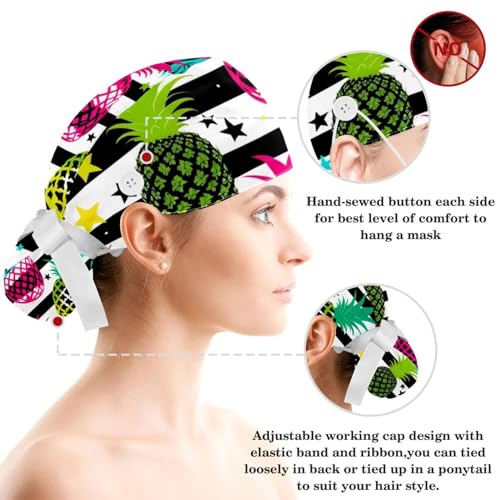 Scrub Surgical Hat,Cycling Hat with Buttons and Cotton Sweatband,Pineapple Geometric Stripes