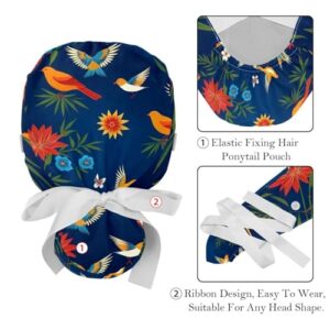 2-Pc Scrub Hats Women Bouffant Hats,Work Hat with Buttons and Cotton Sweatband,Retro Birds Wedding