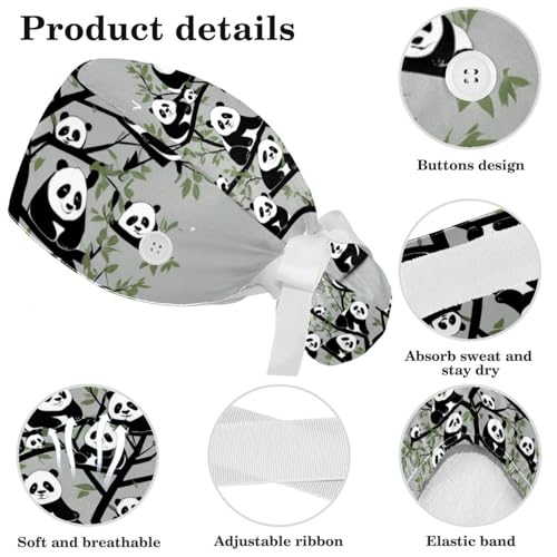 Nurse Scrub Caps,Scrub Hats with Buttons and Cotton Sweatband,Tree and Panda