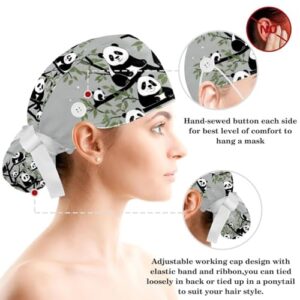 Nurse Scrub Caps,Scrub Hats with Buttons and Cotton Sweatband,Tree and Panda