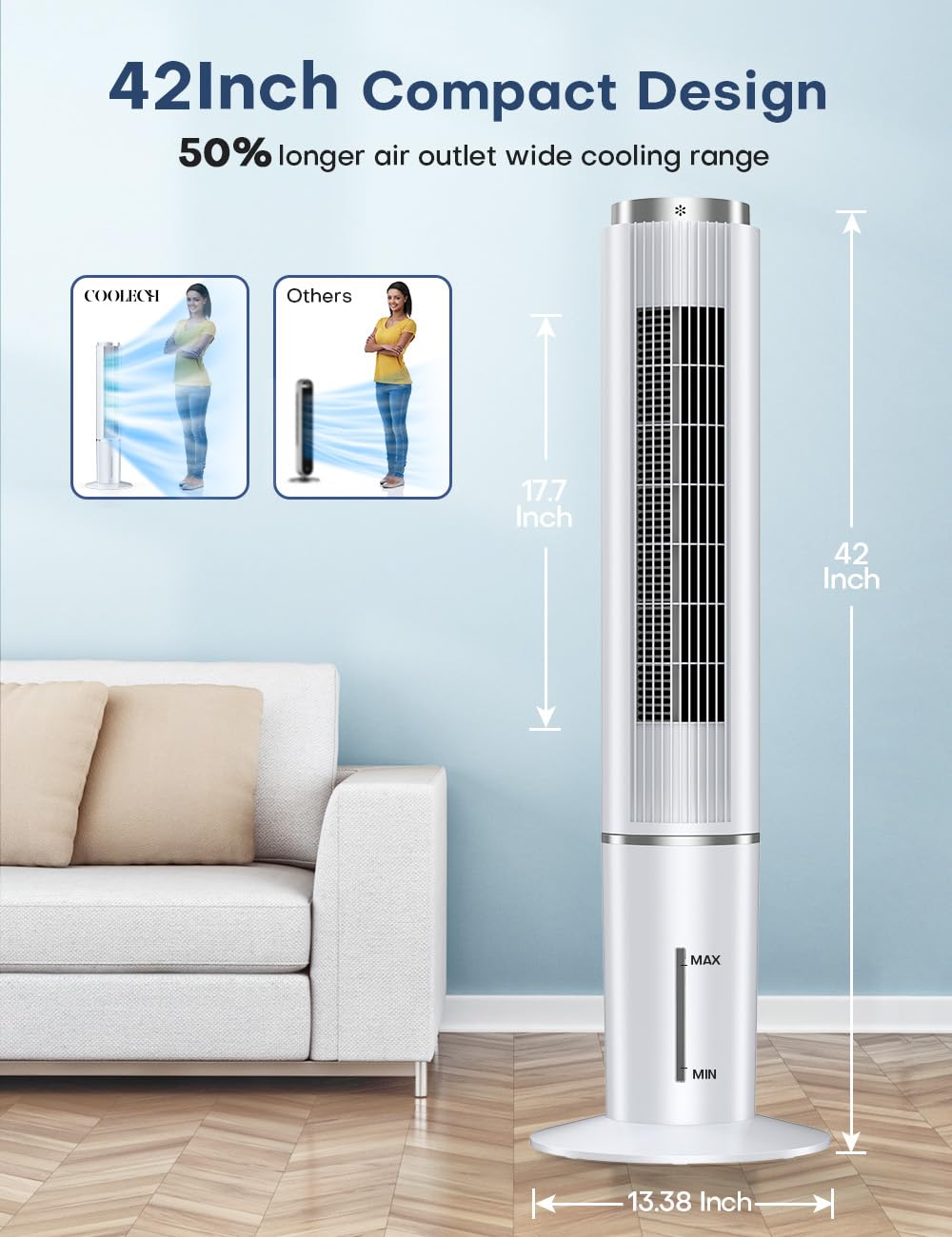 COOLECH 42 INCH Evaporative Air Cooler w/Remote &LED Touch Screen, 4 Mode &3 Speed, 1-Gal Tank for 15H Cooling, 12H Timer for Auto Off, 70°Oscillation Portable Swamp Cooler, Air Cooler for Room Patio