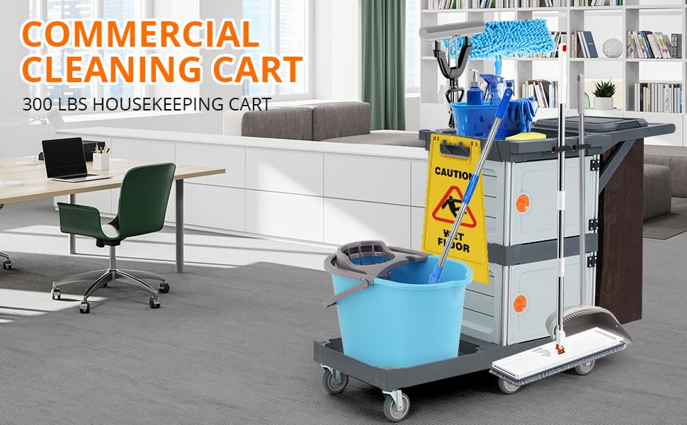 Commercial Janitorial Cart with 2 Cabinet - Black Housekeeping Caddy with Cover, Shelves, and Vinyl Bag