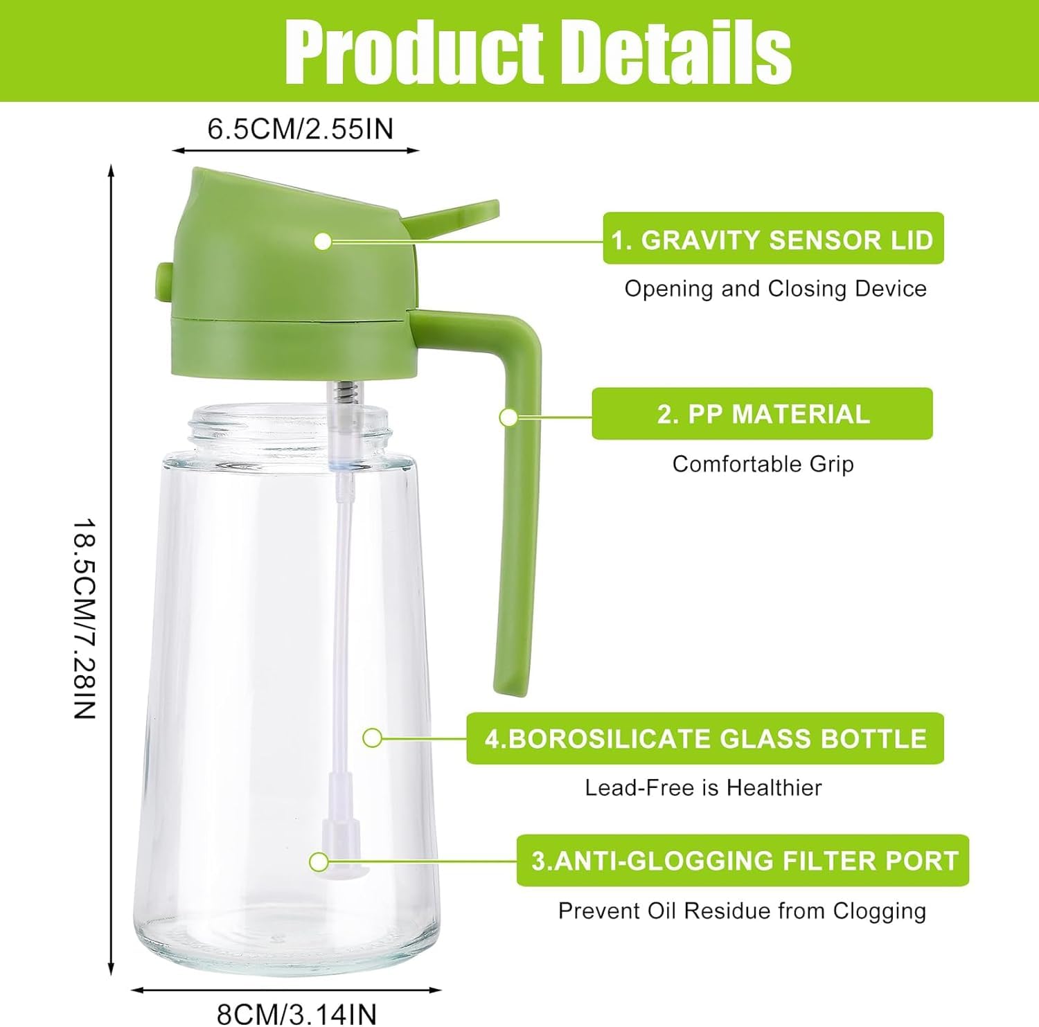 Oil Dispenser Bottle for Kitchen,2 in 1 Olive Oil Dispenser and Oil Sprayer,17oz/500ml Olive Oil Bottle,Oil Sprayer for Cooking,Premium Glass Oil Bottle,Oil Mister Kitchen,Salad,Barbecue(Green)