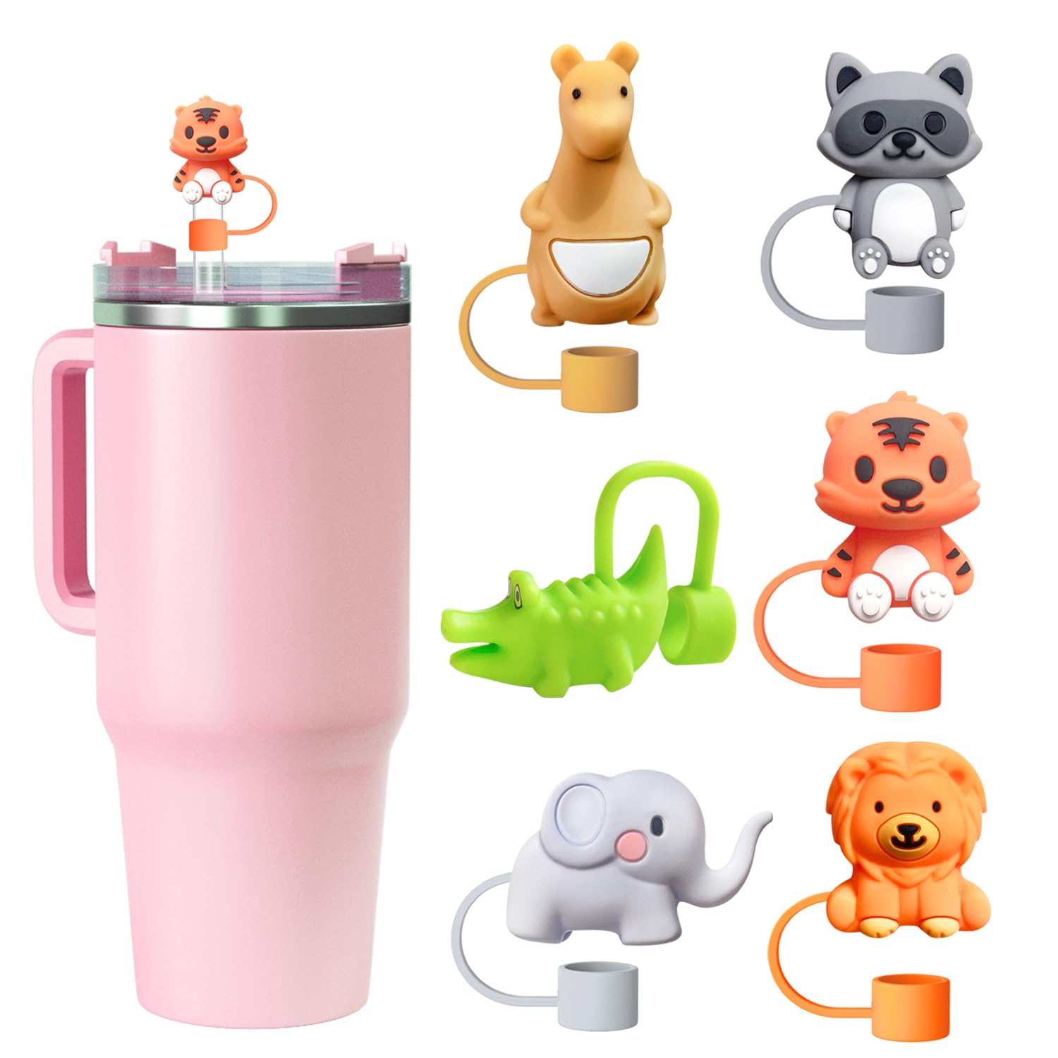 6pcs Animal Cute Silicone Straw Cover Caps for Stanley Cup Straw Topper fit 30&40 Oz Tumbler with Handle 10mm 0.4in Straw Protectors Cup Accessories