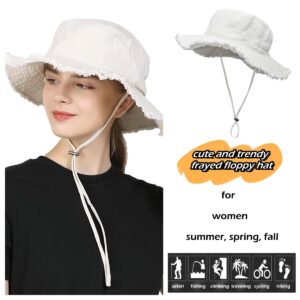 LLmoway Women’s Sun Hats Wide Brim Summer Cotton Washed Fringe Bucket Hat with String Packable Ladies Floppy Hat White