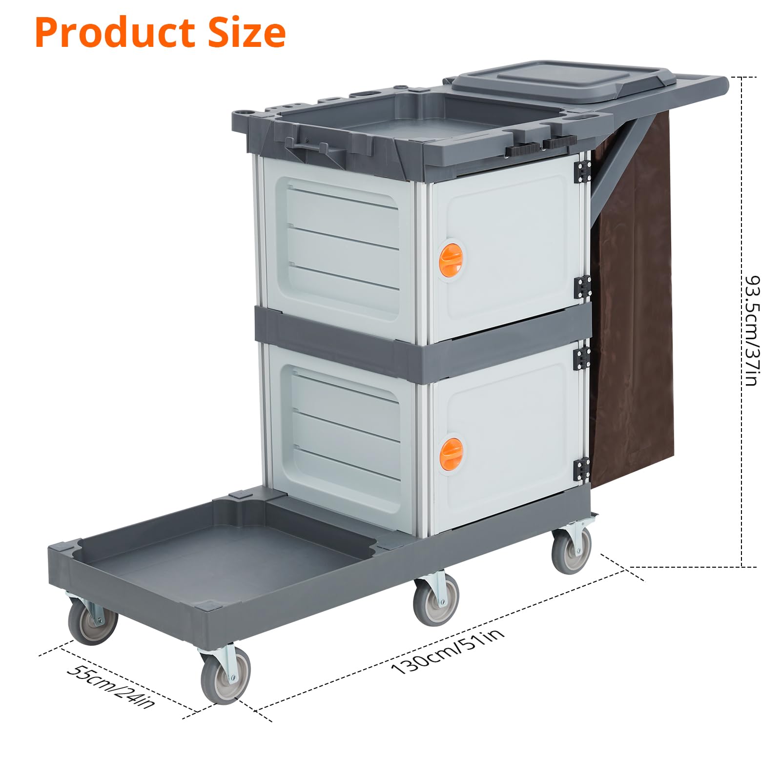 Commercial Janitorial Cart with 2 Cabinet - Black Housekeeping Caddy with Cover, Shelves, and Vinyl Bag