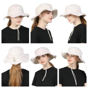 LLmoway Women’s Sun Hats Wide Brim Summer Cotton Washed Fringe Bucket Hat with String Packable Ladies Floppy Hat White