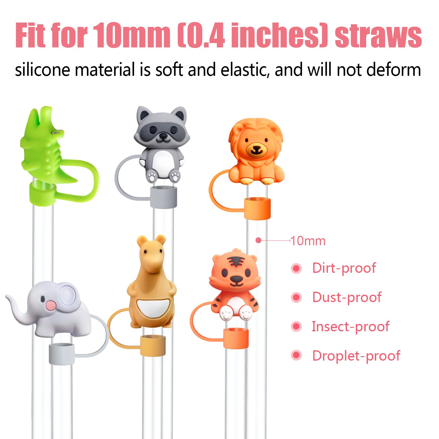 6pcs Animal Cute Silicone Straw Cover Caps for Stanley Cup Straw Topper fit 30&40 Oz Tumbler with Handle 10mm 0.4in Straw Protectors Cup Accessories