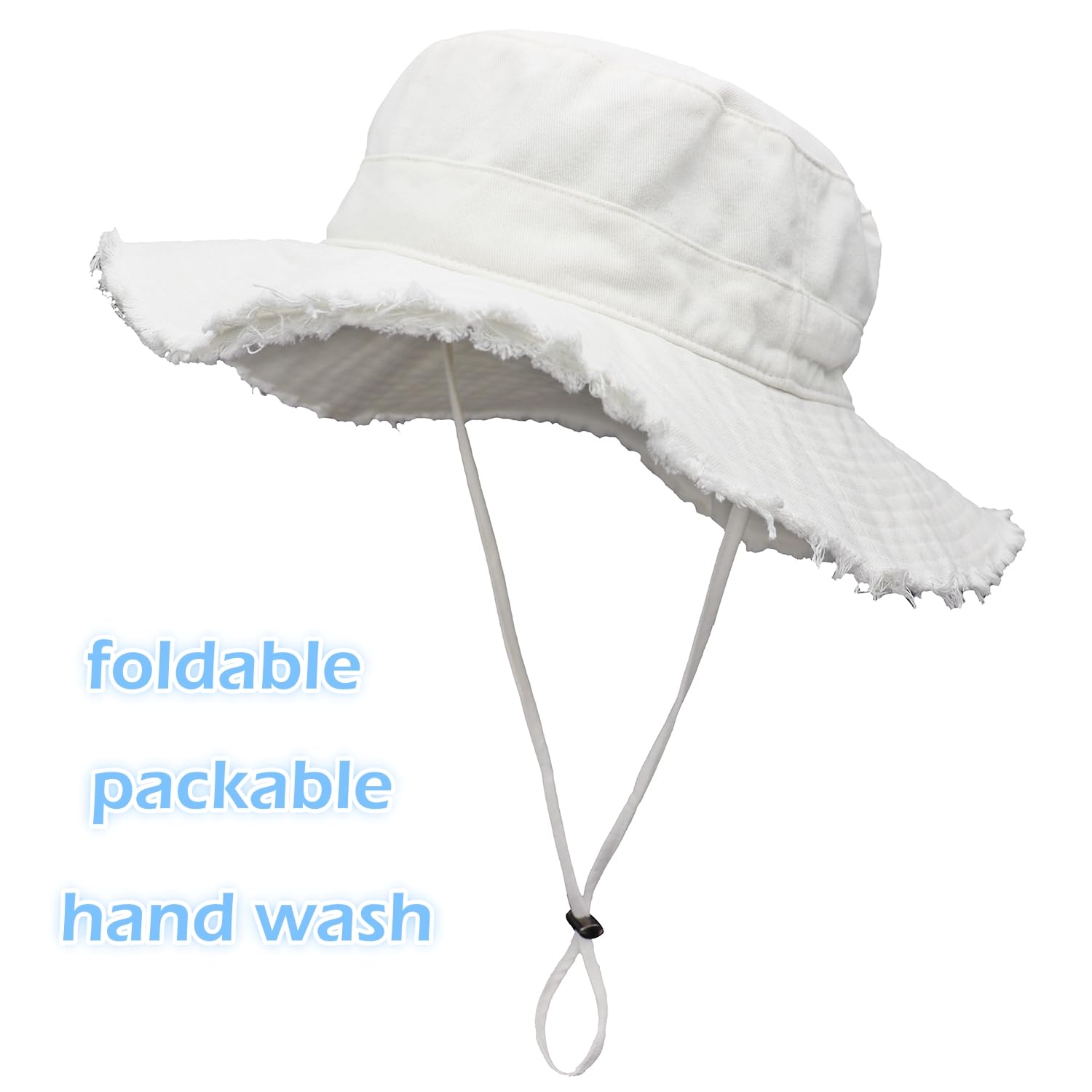 LLmoway Women’s Sun Hats Wide Brim Summer Cotton Washed Fringe Bucket Hat with String Packable Ladies Floppy Hat White