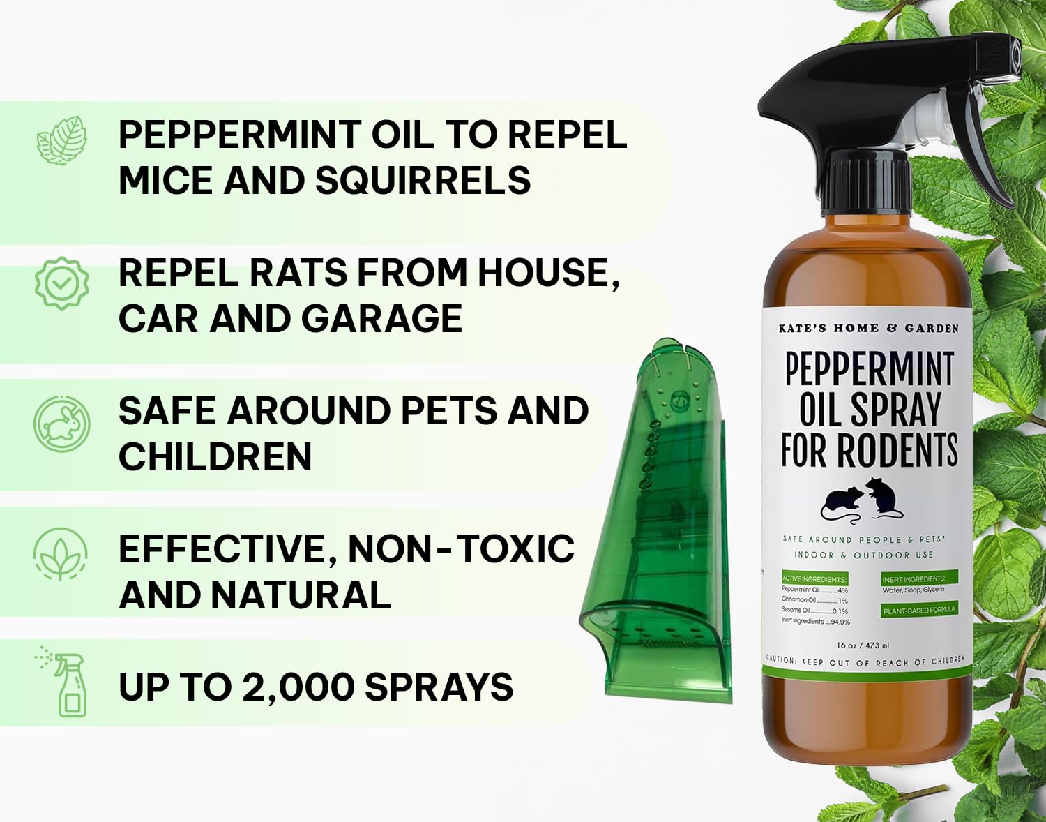 Kate's Home & Garden Peppermint Oil Spray for Rodents, Mice, Squirrels with Humane Trap. Rodent Repellent Indoor for Car Engines & Outdoor (16oz, Non Toxic)