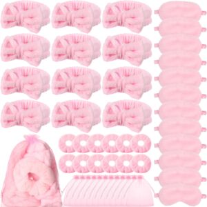 Mimorou 48 Pieces Spa Sleepover Party Supplies 12 Pink Spa Headband 12 Pink Plush Sleep Eye Mask 12 Pink Velvet Scrunchies 12 Organza Bags for Slumber Party Spa Party Favors Gift