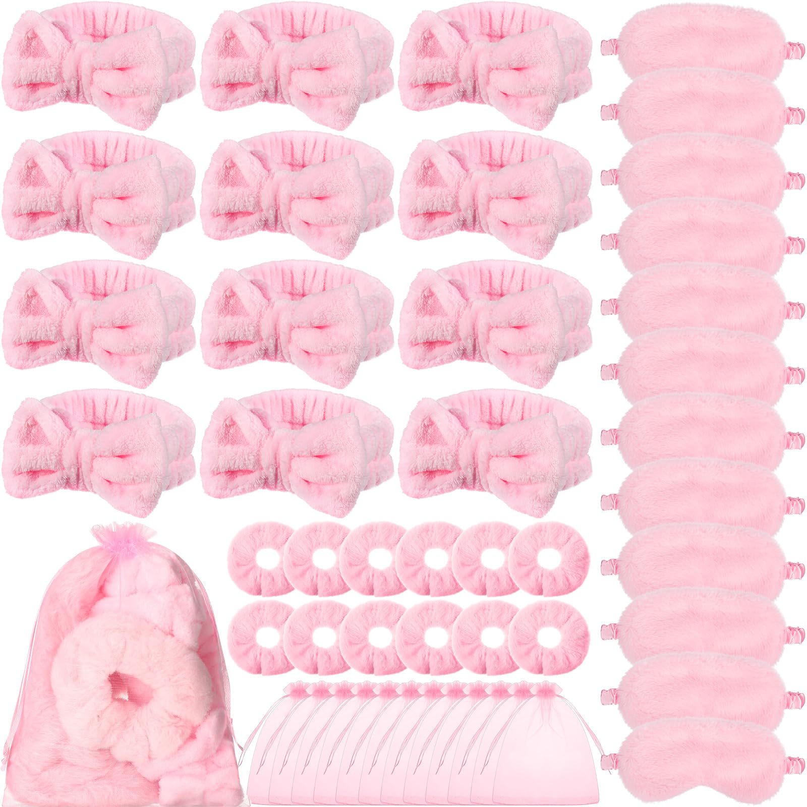 Mimorou 48 Pieces Spa Sleepover Party Supplies 12 Pink Spa Headband 12 Pink Plush Sleep Eye Mask 12 Pink Velvet Scrunchies 12 Organza Bags for Slumber Party Spa Party Favors Gift