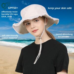 LLmoway Women’s Sun Hats Wide Brim Summer Cotton Washed Fringe Bucket Hat with String Packable Ladies Floppy Hat White