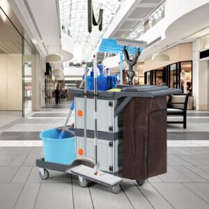 Commercial Janitorial Cart with 2 Cabinet - Black Housekeeping Caddy with Cover, Shelves, and Vinyl Bag