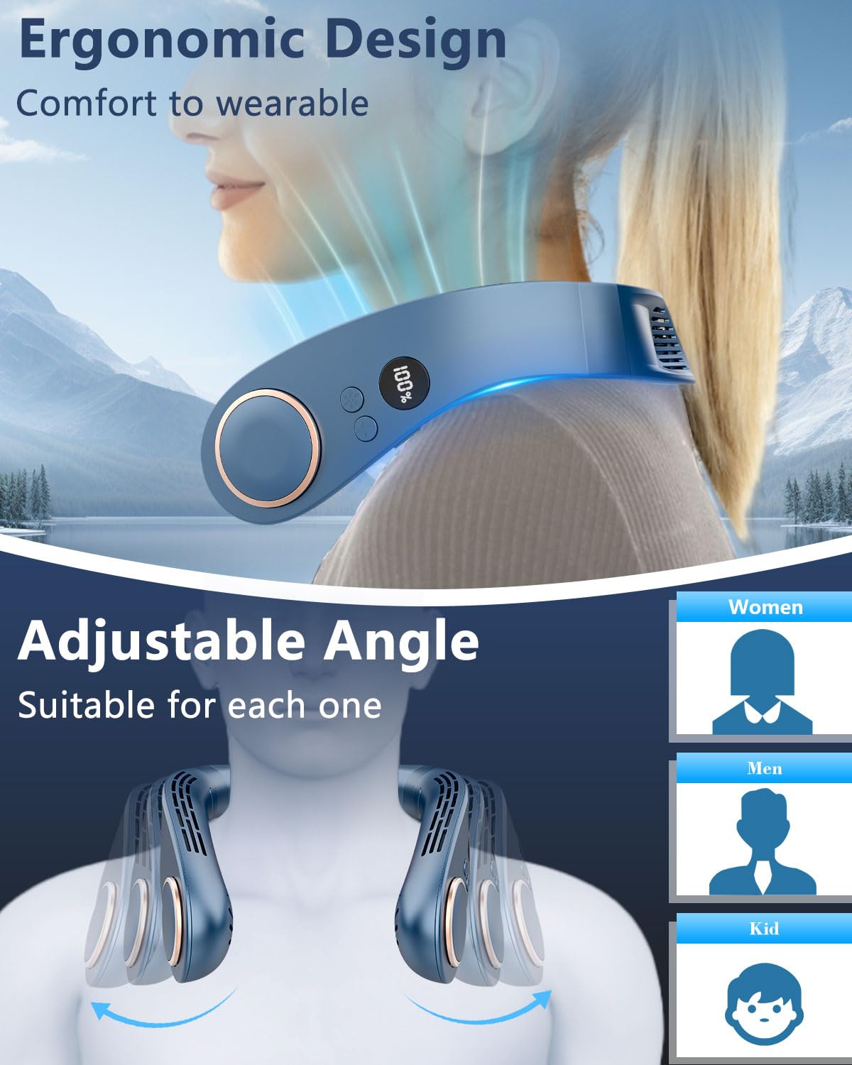 Neck Air Conditioner,Neck Fan Rechargeable Battery Operated Metal Cooling Plate AC Cooler,Personal Portable Neck Fans that Blow Cold Air,Usb Bladeless Quiet Head Wearable Hangs Around Neck Device Blue