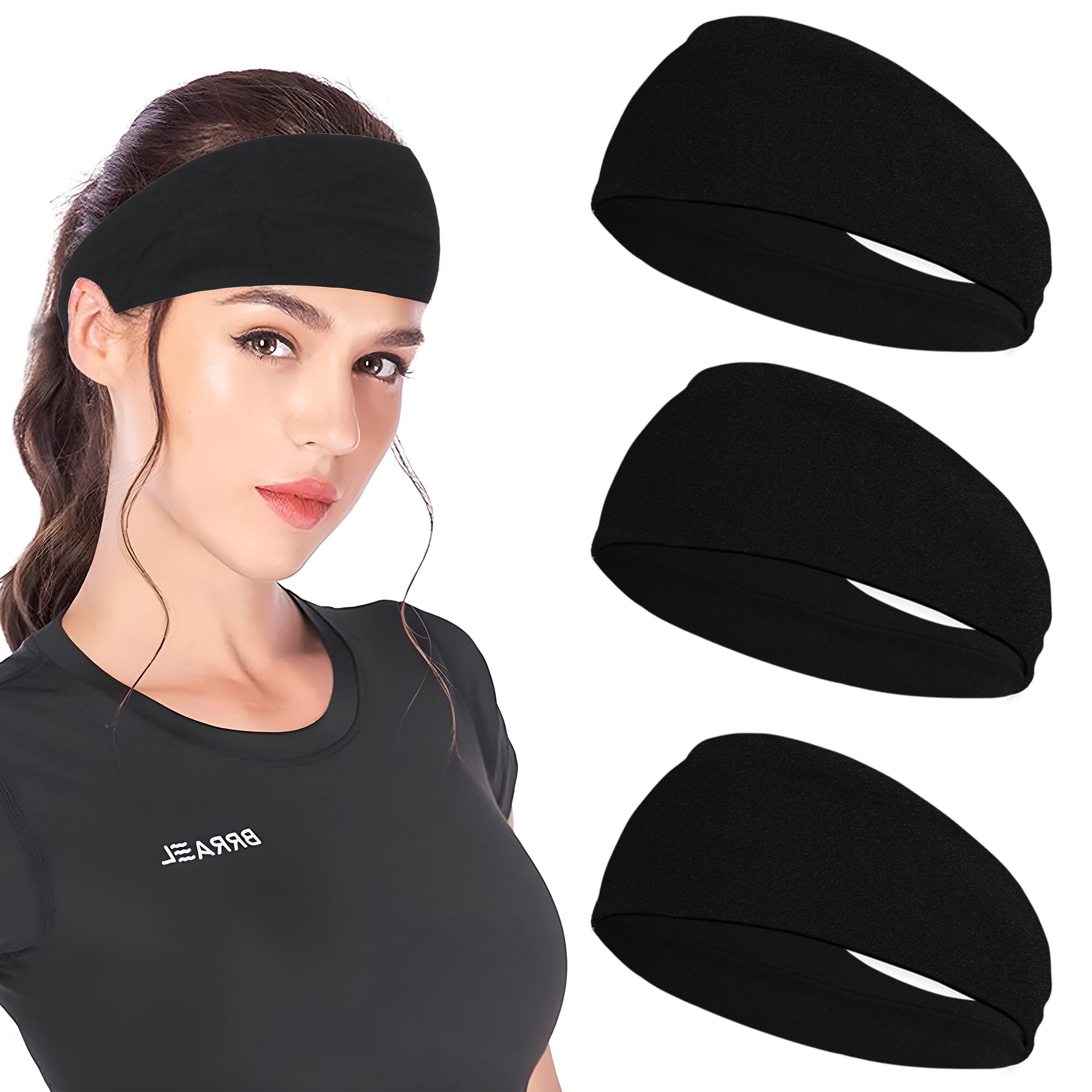 JOYOYO 3 Pack 9cm Unisex Headbands for Women's Hair Soft Stretchy Fabric Kylie Head Band Bandeaux Hair Accessories for Workout Gym Yoga Hair Band(Black)