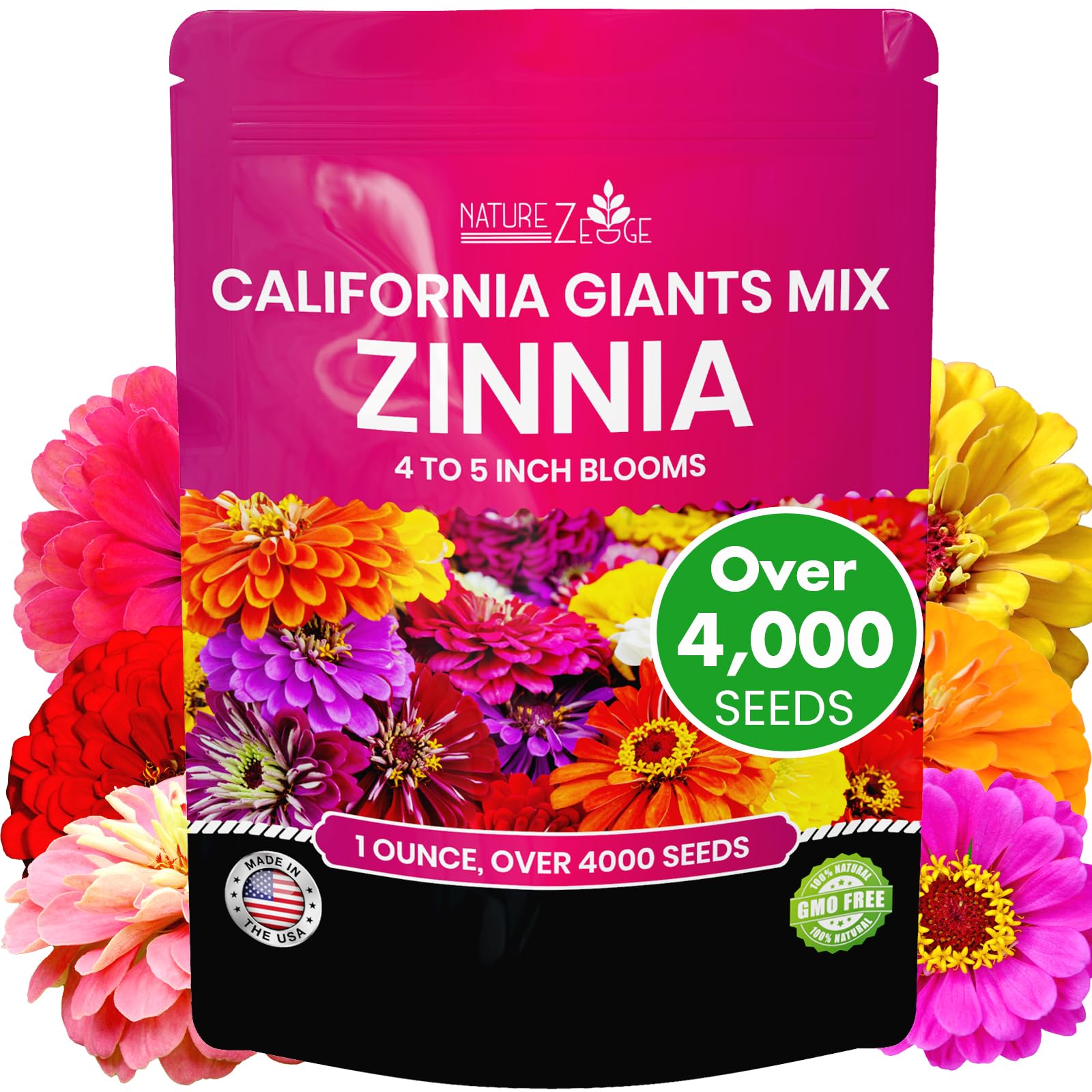 NatureZ Edge Zinnia Seeds for Planting Outdoors, Flower Seeds, Bulk Semillas De Flores para Sembrar, California Giants, 1 Oz