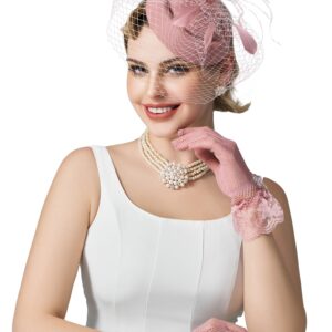 SWEETV Fascinators Pillbox Hats for Women, Tea Party Hat and Short Lace Gloves Set for Kentucky Derby, Cocktail, Wedding, Fancy Dress Party, Dusty Pink