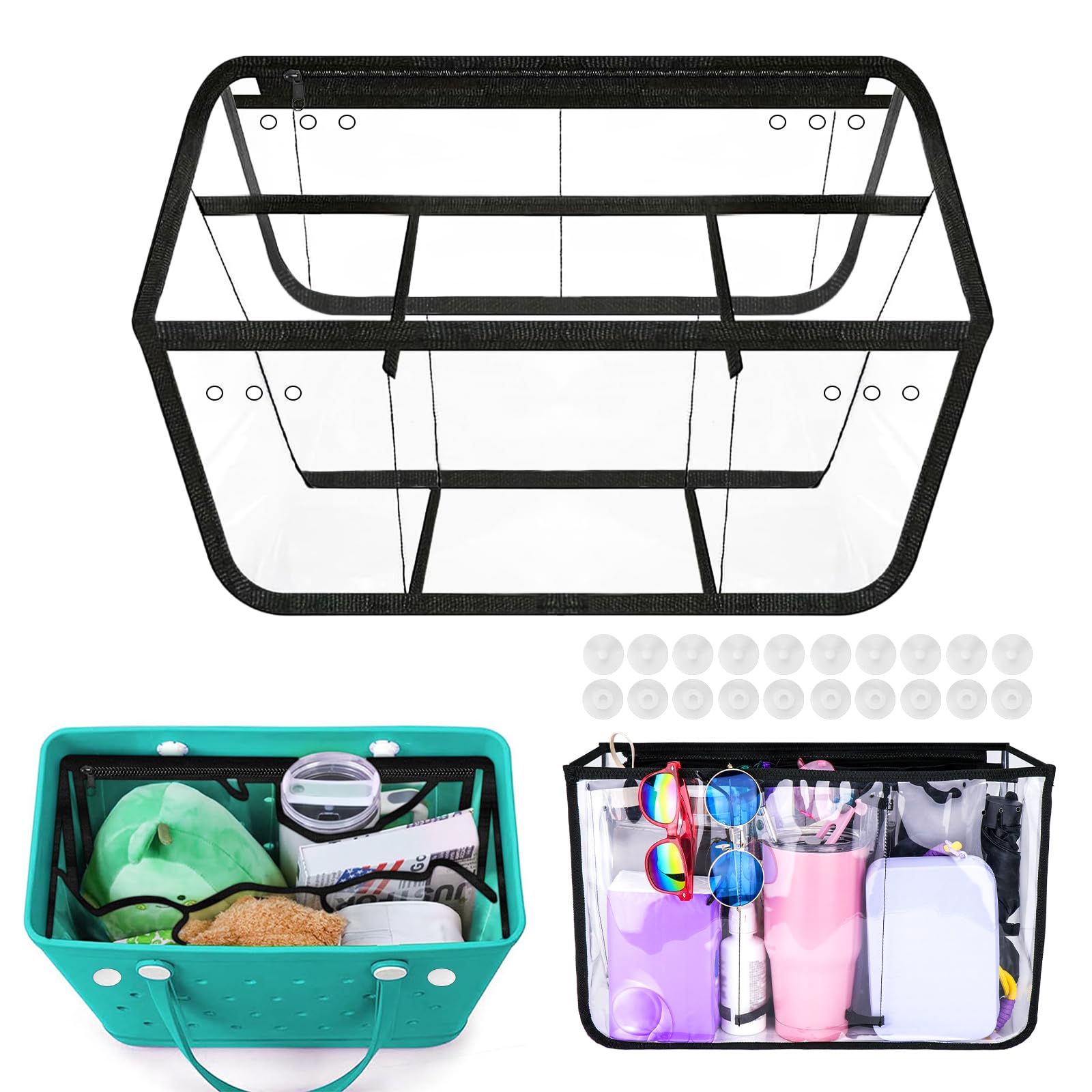 Clear Beach Bag Organizer Insert Compatible with Original Bogg Bag X Large, Zipper Inner Bag Divider Storage Bag for Bogg Bag Accessories, 7 Divider Pouch -Transparent & Black (Only for X Large )