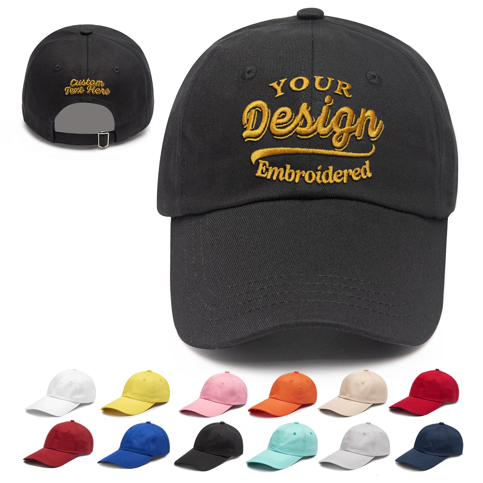 Custom Embroidered Hats, Personalized Emboridery Baseball Caps with Text Logo, Customized Adjustable Unisex Baseball Hat Gifts for Men Women Black