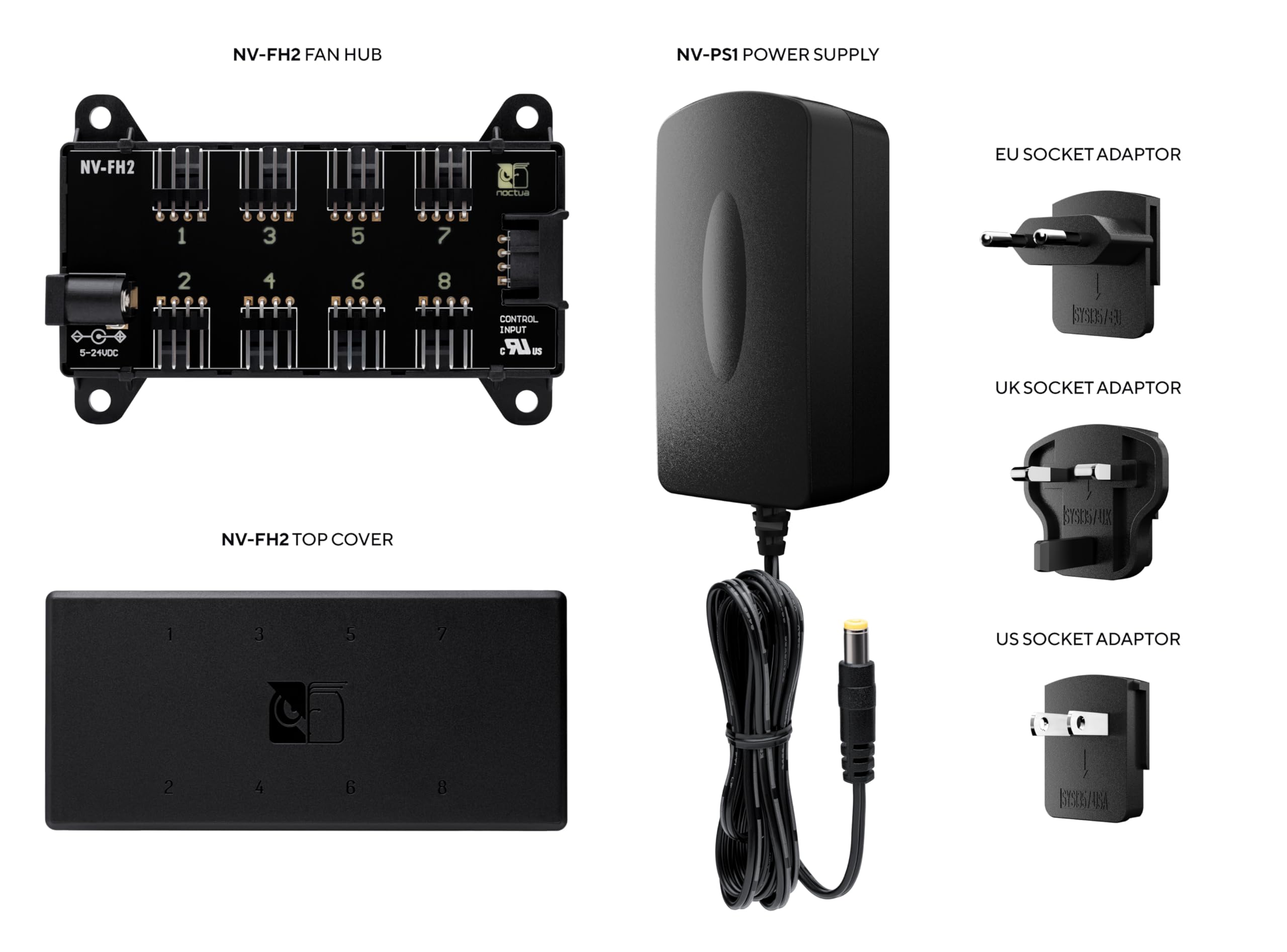 Noctua NV-SPH1, Powered Fan Hub Set with NV-PS1 230/115V AC to 12V DC Power Supply and NV-FH2 8-Way Fan Splitter Board, Ideal for Powering 12V PC Fans Off The Mains (Black)