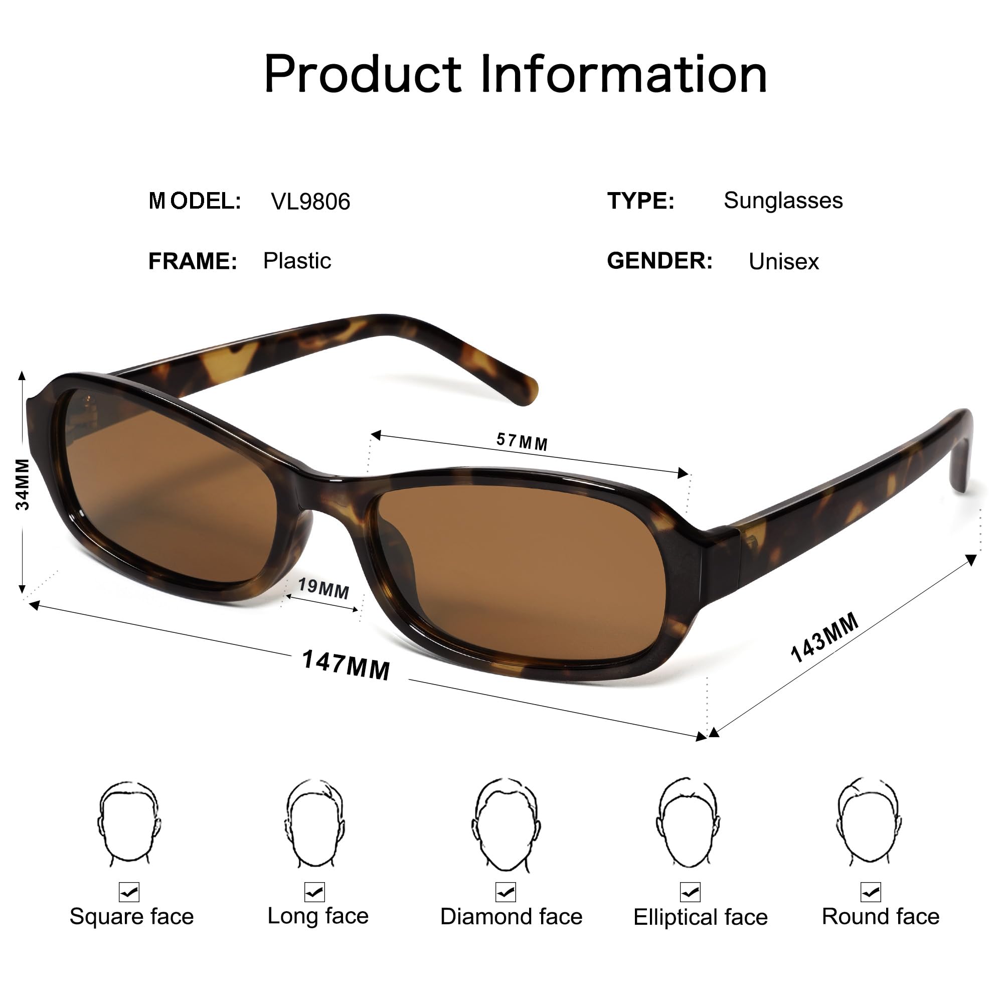 VANLINKER Retro Rectangle Polarized Sunglasses for Women Men Small 90s Style Vintage Trendy Rectangular Sun Glasses VL9806,Tortoise