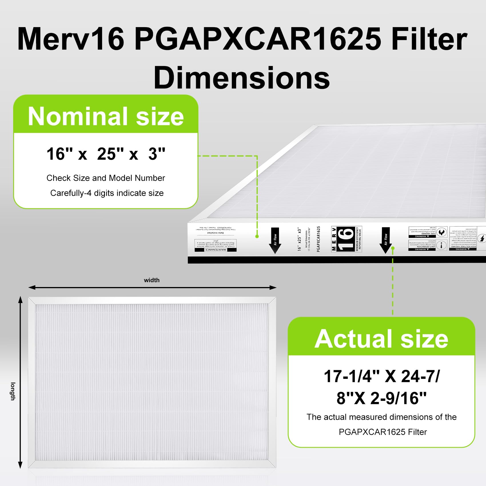 Upgraded PGAPXCAR1625 Merv16 Replacement Filter, Compatible with Bryant/Carrier PGAPXCAR1625, AGAPXCAR1625-A02，PGAPXCAR1625-a02, PGAPXCAR1625-A01, AGAPXCAR1625 Filter(16x25x3in)-2 Pack