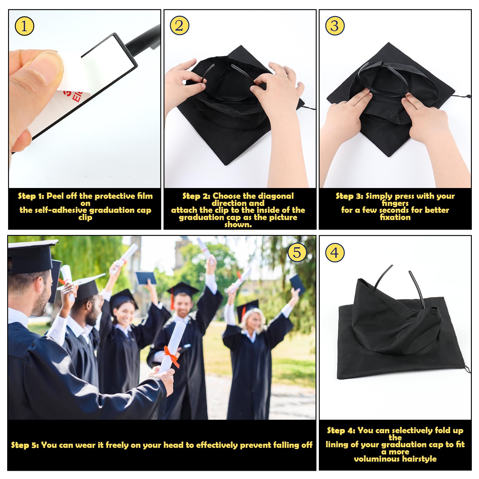 Nomanak 6 Pack Headband for Graduation Cap - Secures Your Cap, Don't Change Your Hair, One Size Fits All, Black, 6 Count (Pack of 1)