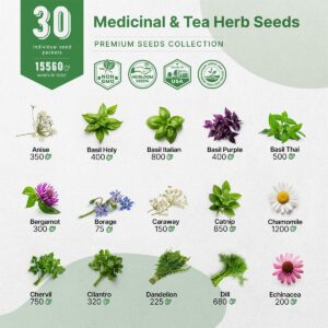 Organo Republic 30 Medicinal & Tea Herb Seeds Variety Pack 15,560+ Non-GMO Heirloom Garden Seeds for Indoor & Outdoors, Including Anise, Bergamot, Borage, Cilantro, Chamomile, Dandelion Seeds