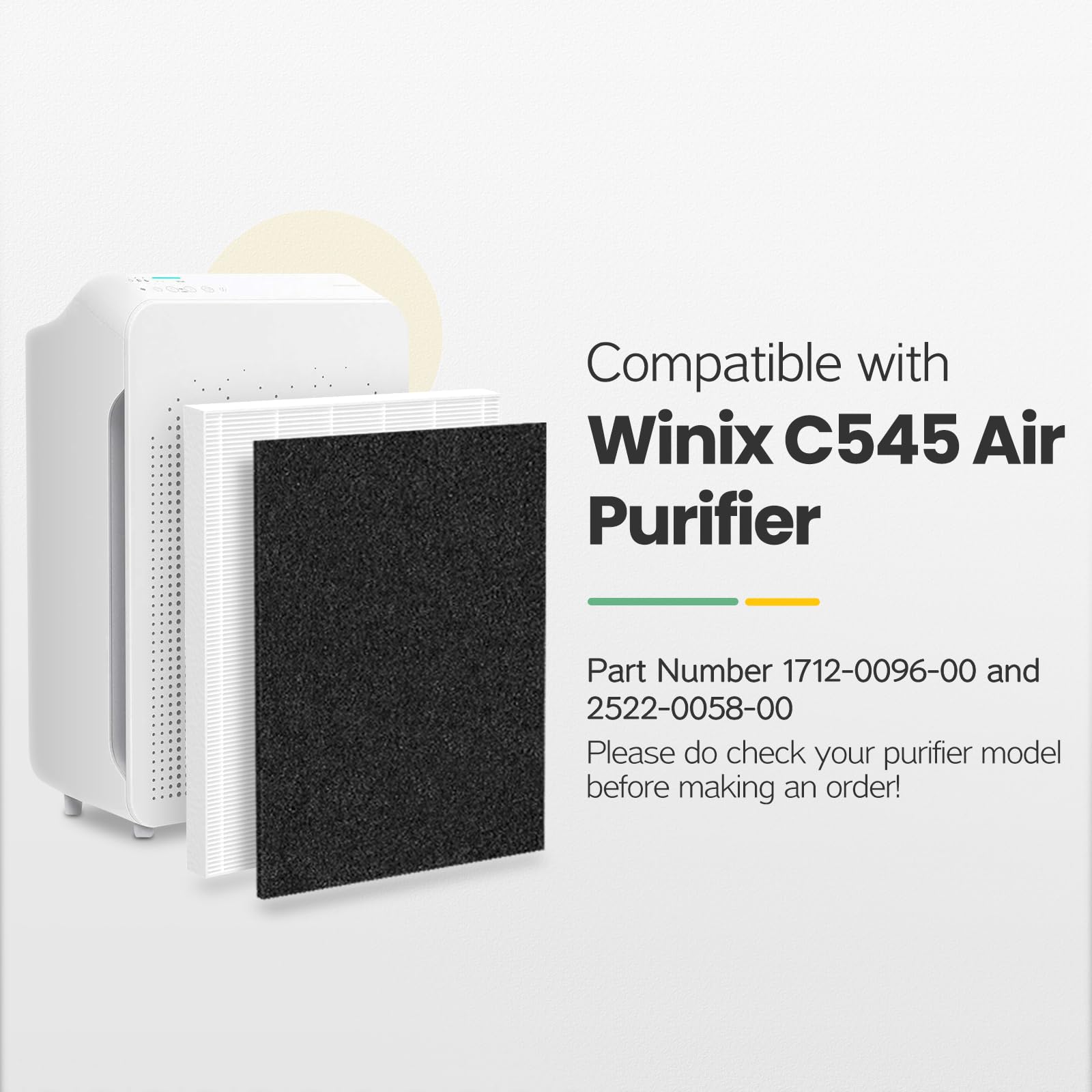 C545 Replacement Filter H13 Grade True HEPA Compatible with Winix C545 Air Purifier, for Winix Filter S, Part 1712-0096-00 and 2522-0058-00, Pack of 2 HEPA Filter and 8 Activated Carbon Pre-Filter