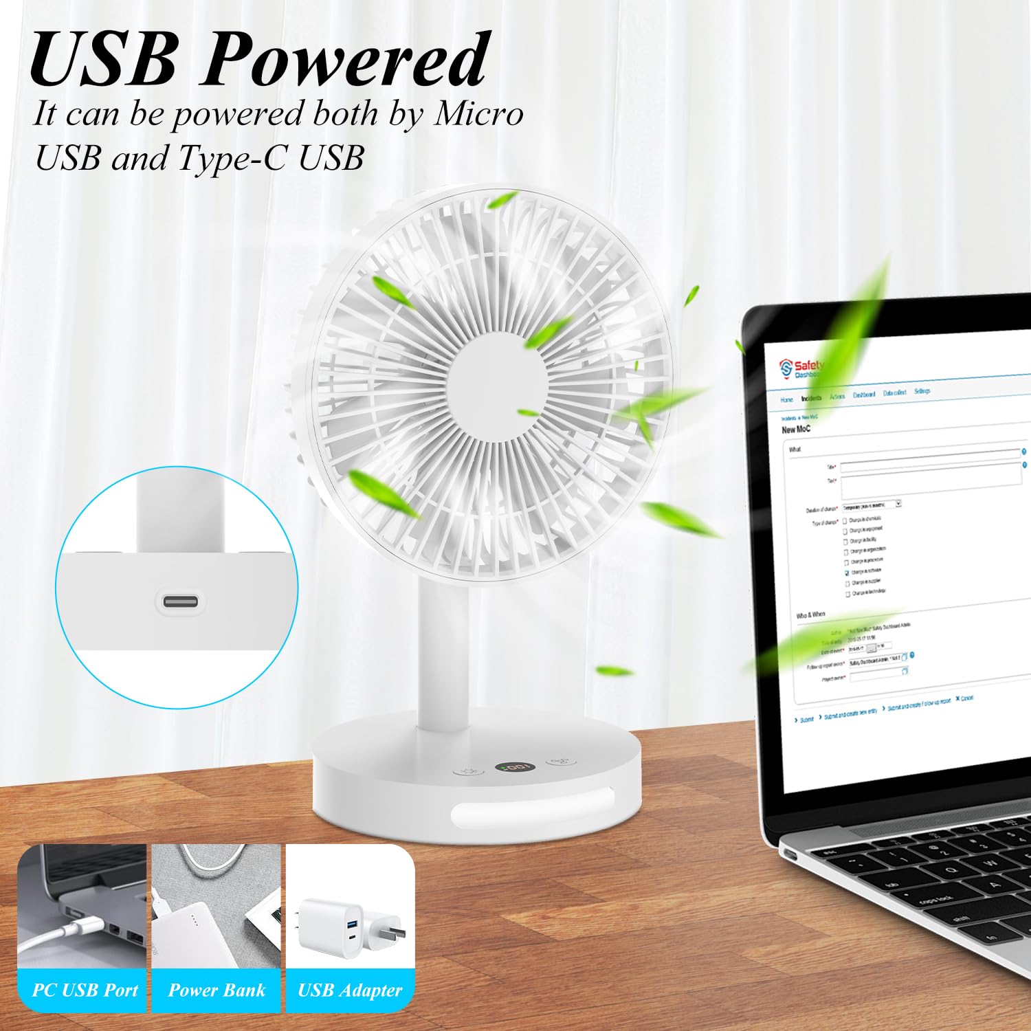 Generic USB Quiet Desk Fan, Personal Rechargeable Battery Operated Desk Fan with 5 Speeds, Powerful Fan Table Fan for Dorm Bedroom Desktop Office, White