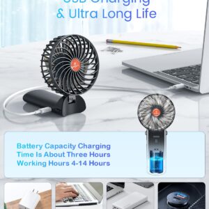 Portable Handheld Mini Fan Rechargeable: Small Hand Personal Foldable Fans 180° Adjustable 4 Speed Wind Cooling Air for Travel Face lash Indoor Outdoor Office Camping Household Women Men Kid Black