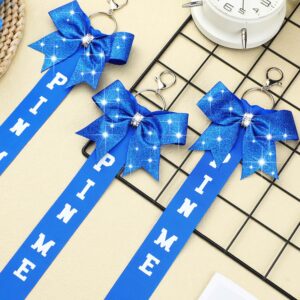 Landical 24 Pcs Cheer Pin Me Ribbon Cheer Keychain Cheer Ribbon Pins with Rhinestones Bow for Cheerleader Bag Backpack (Blue)