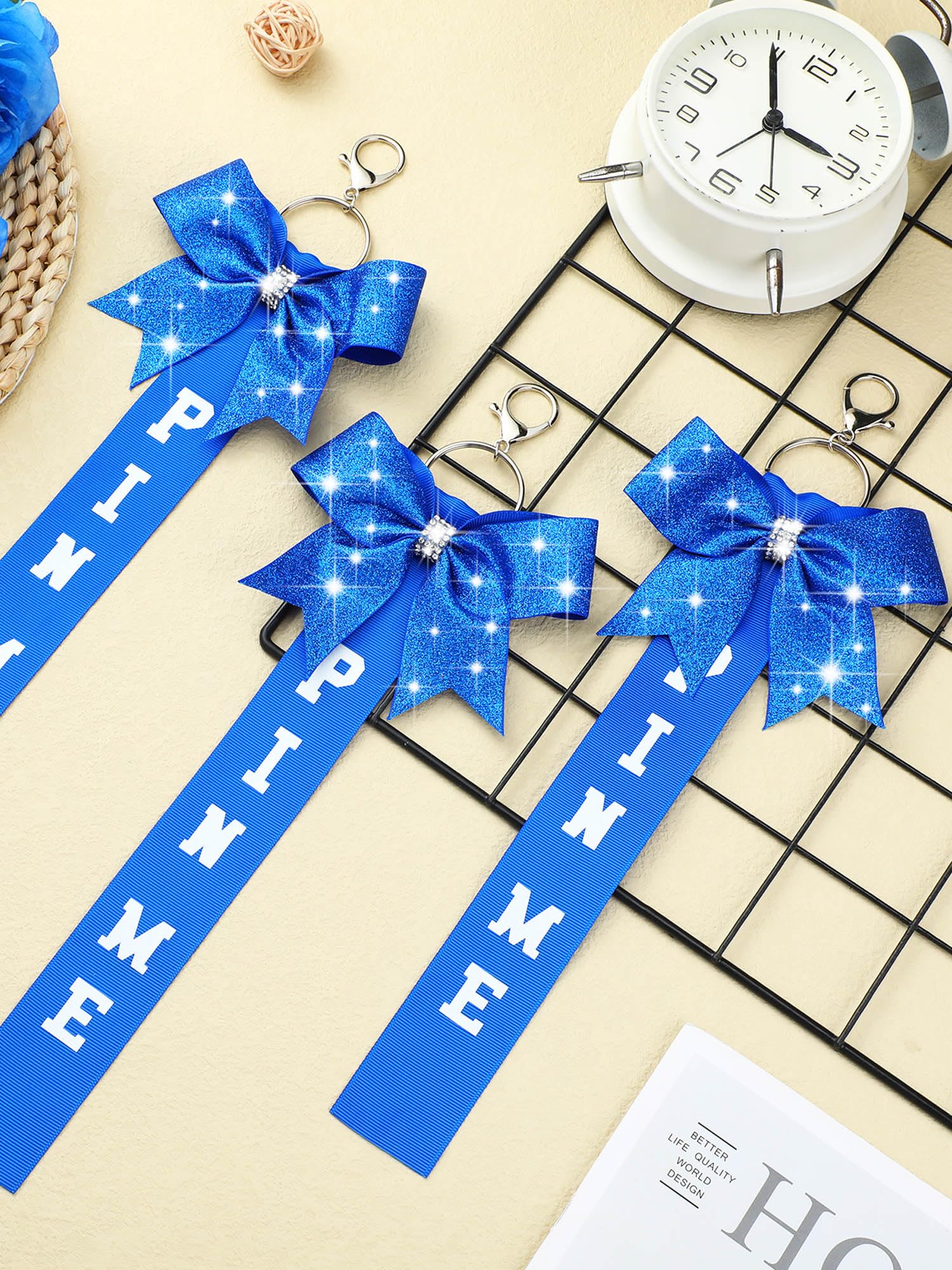 Landical 24 Pcs Cheer Pin Me Ribbon Cheer Keychain Cheer Ribbon Pins with Rhinestones Bow for Cheerleader Bag Backpack (Blue)