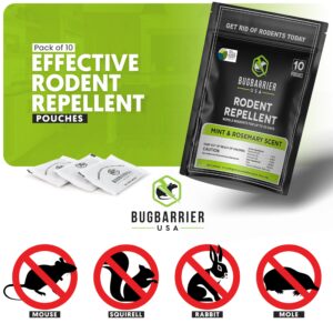 BugBarrier's Extra-Strength Mouse Repellent Pouches, USDA 99% Biobased, Peppermint & Rosemary Oils Repel Mice Nesting & Freshen Air in Car, RV, Boat, Garage, Shed, Cabin Made in The USA (Pack of 10)