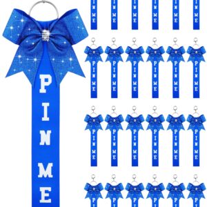 Landical 24 Pcs Cheer Pin Me Ribbon Cheer Keychain Cheer Ribbon Pins with Rhinestones Bow for Cheerleader Bag Backpack (Blue)