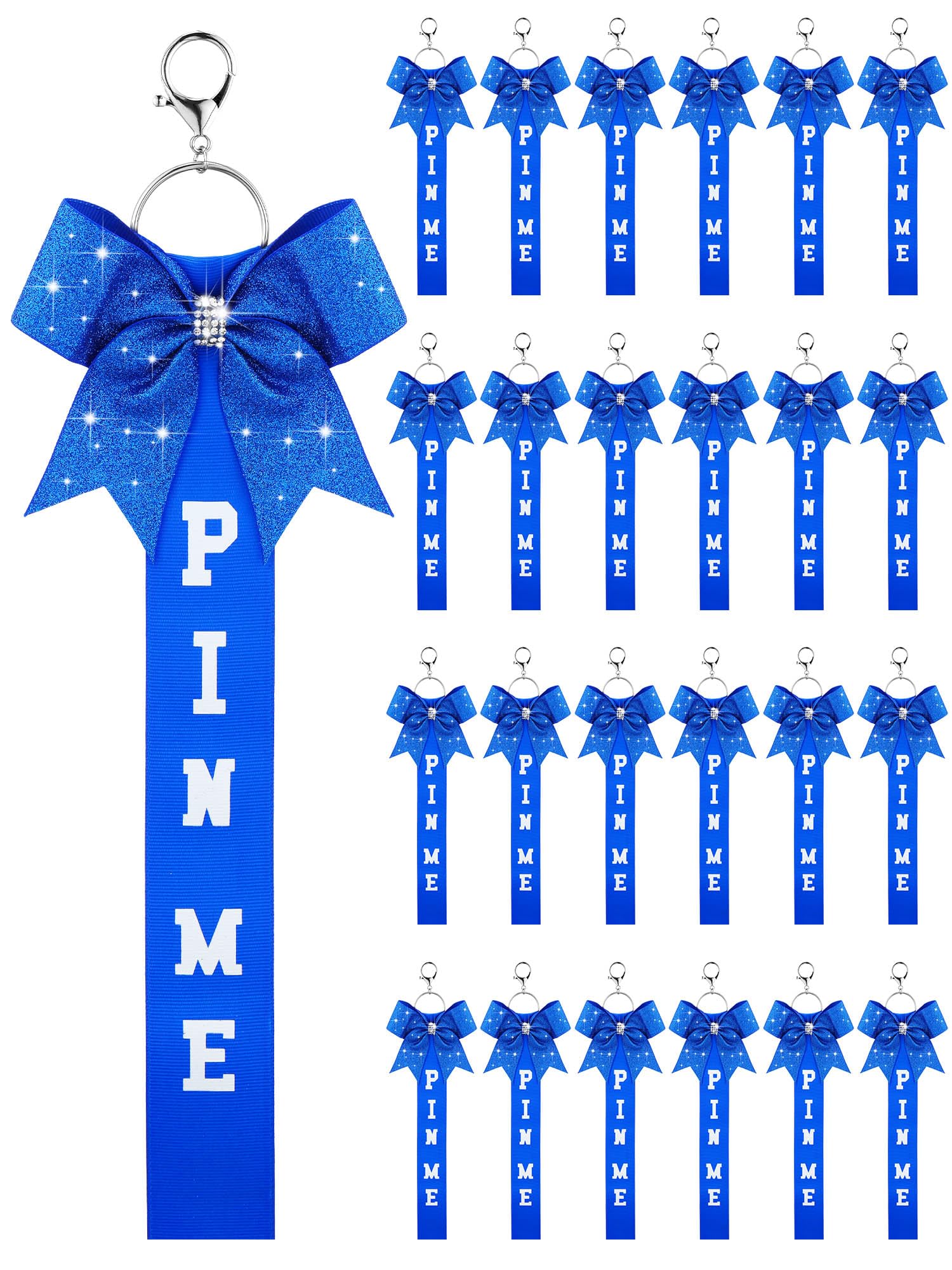 Landical 24 Pcs Cheer Pin Me Ribbon Cheer Keychain Cheer Ribbon Pins with Rhinestones Bow for Cheerleader Bag Backpack (Blue)