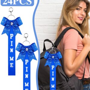 Landical 24 Pcs Cheer Pin Me Ribbon Cheer Keychain Cheer Ribbon Pins with Rhinestones Bow for Cheerleader Bag Backpack (Blue)