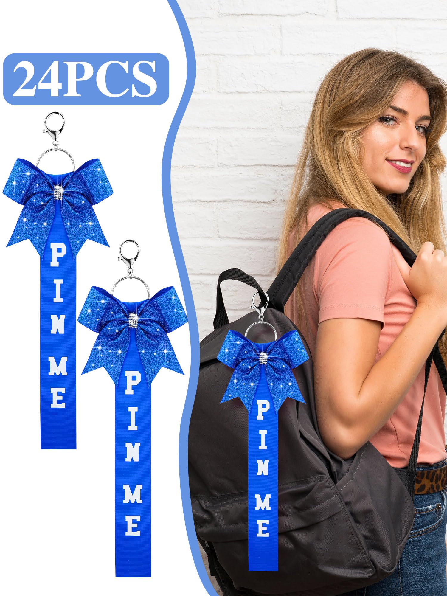 Landical 24 Pcs Cheer Pin Me Ribbon Cheer Keychain Cheer Ribbon Pins with Rhinestones Bow for Cheerleader Bag Backpack (Blue)