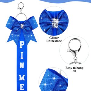 Landical 24 Pcs Cheer Pin Me Ribbon Cheer Keychain Cheer Ribbon Pins with Rhinestones Bow for Cheerleader Bag Backpack (Blue)