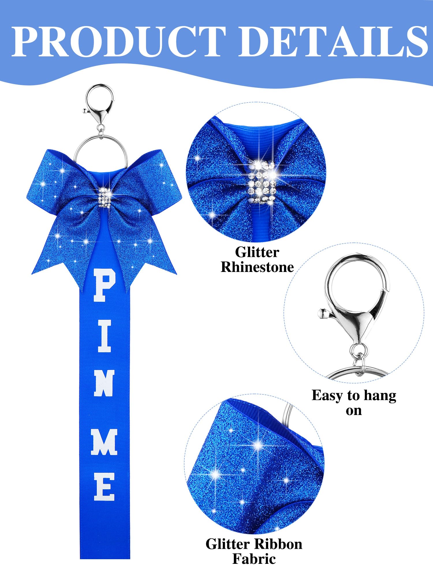 Landical 24 Pcs Cheer Pin Me Ribbon Cheer Keychain Cheer Ribbon Pins with Rhinestones Bow for Cheerleader Bag Backpack (Blue)