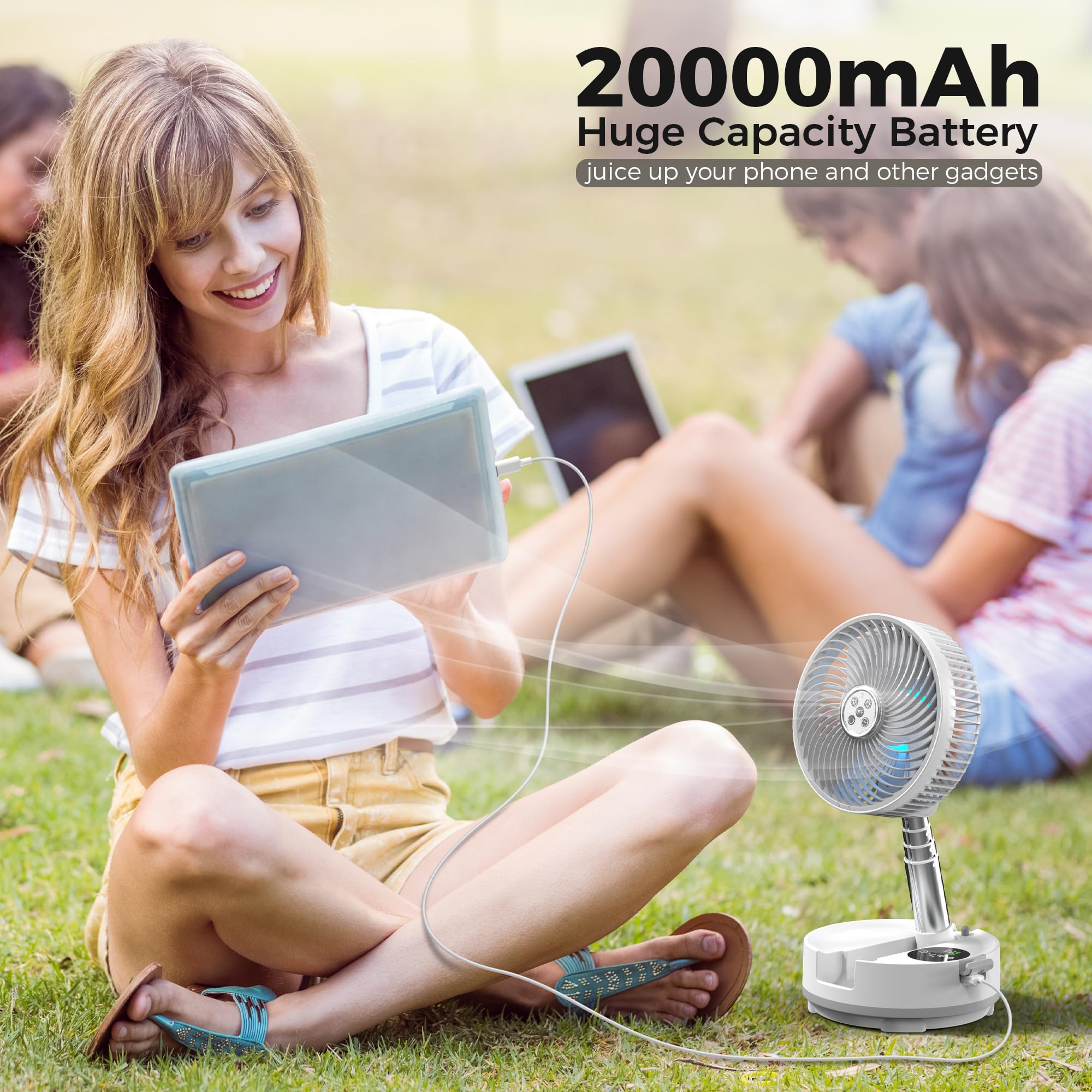 Battery Operated Fan - 20000mAh Rechargeable Camping Fan, 112H Runing Time, Oscillating Foldable Fan with Remote & LED Light, Timer & Digital Display Foldaway Fan for Travel Outdoor RV Hurricane