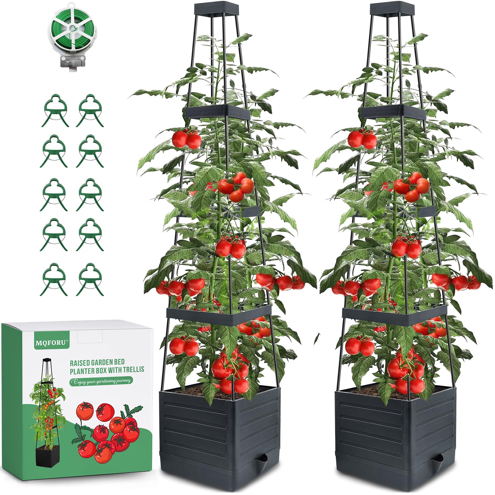 MQFORU 2 Packs Tomato Planter with Trellis, 57" Raised Garden Bed Planters Box for Climbing Vegetables Plant, Self Watering Tomato Cages for Garden Pots for Patio Greenhouse Indoor Outdoor（2PCS）