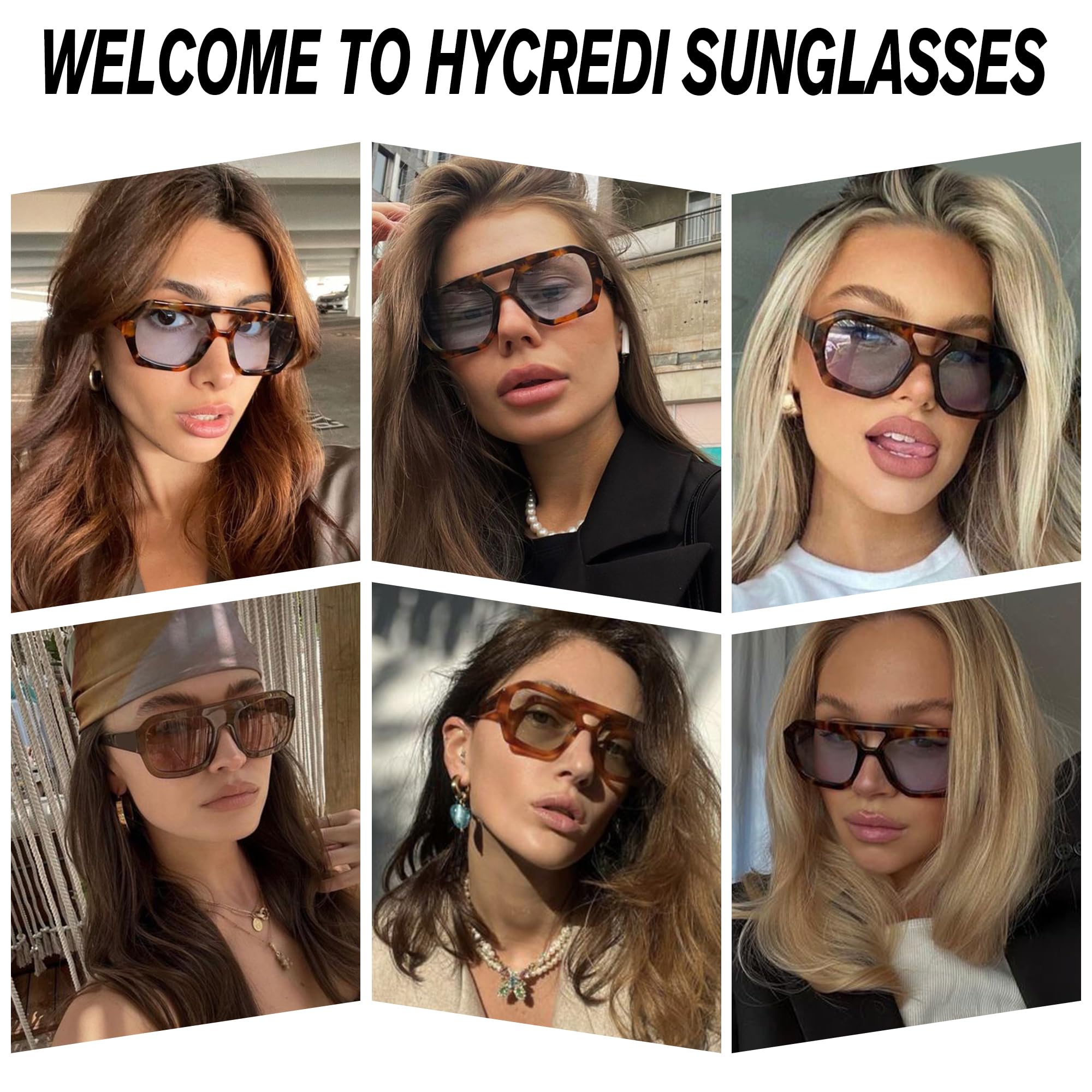 Hycredi Retro Aviator Sunglasses for Women Men, Trendy Hexagonal Thick Frame Shades Square Double Bridge Sun Glasses - Brown/Blue + Leopard/Light Brown